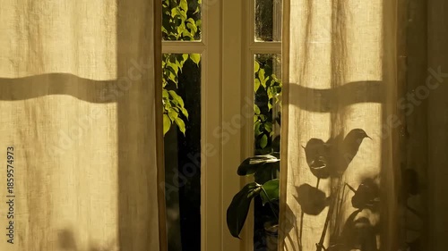 Sunlight streaming through a window with sheer curtains and casting shadows of plants