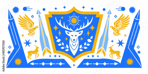 A heraldic shield design featuring a stag eagles and ornate blue embellishments