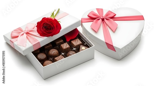 Heart-shaped box of chocolates with a rose