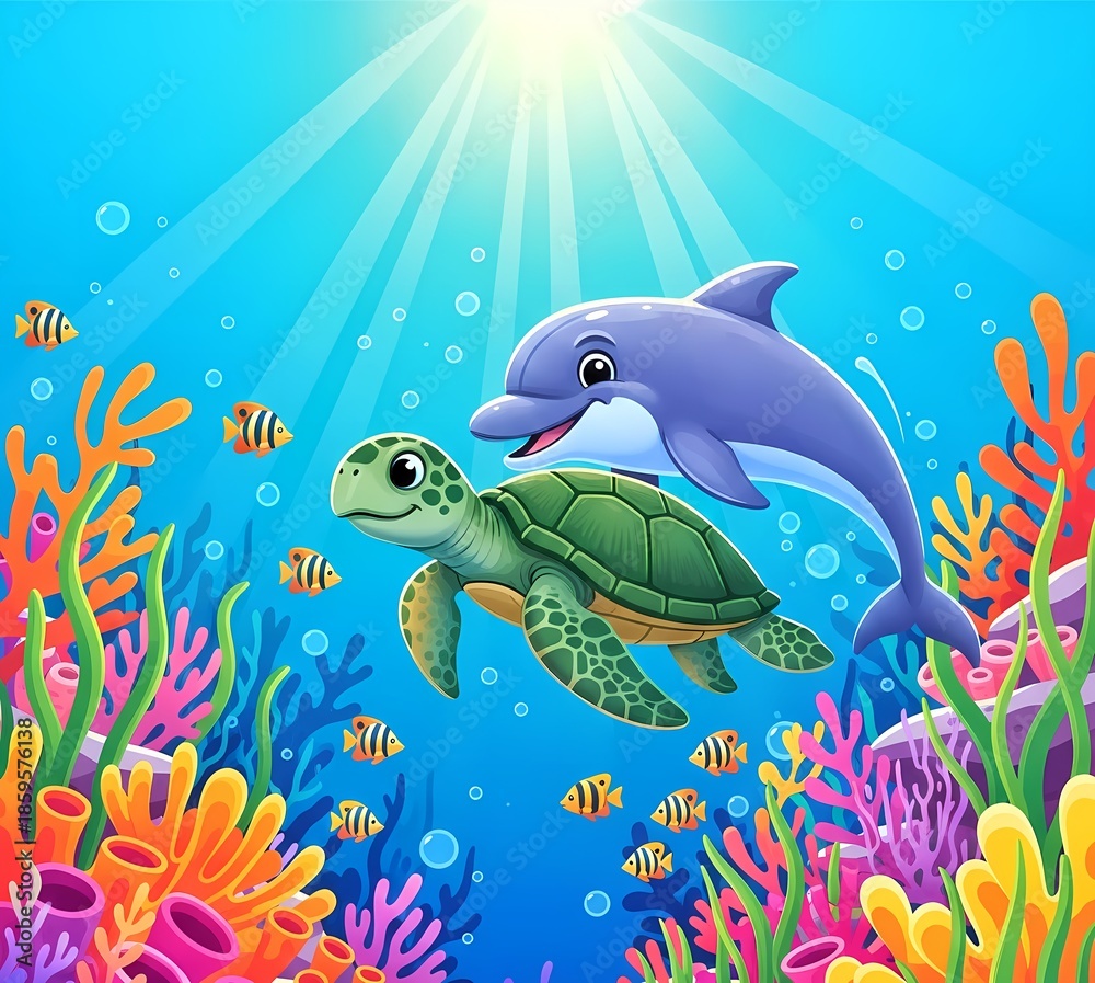 Obraz premium Cute and adorable illustration design of a dolphin who are happy in a beautiful flower sea garden coral forest. 