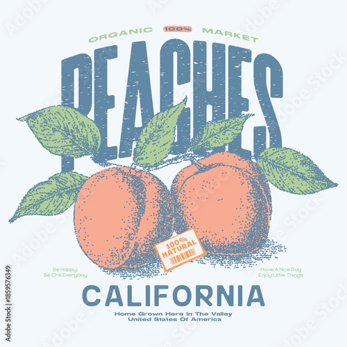 Peach fruit t-shirt designs, fruit print design. summer fruit t-shirt. slogan typography text. California Fruit Club, peach vector art with typography, women's food fashion graphics, Fruit club print