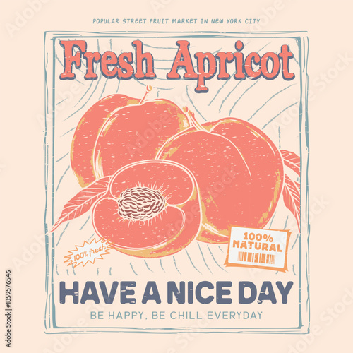 Summer graphics peaches design. Peach fruit set. Fresh fruit print. Nature fruit club print design. Organic food artwork for for t-shirt. Fruit vintage t-shirt design.