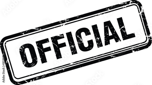 Black official stamp with distressed texture rectangular shape bold lettering on transparent background