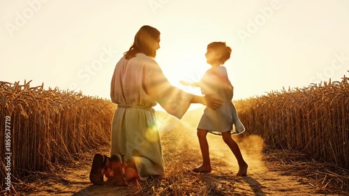 Jesus kneeling welcomes a boy running toward him, then embraces him in a field at sunset, a parable on faith.