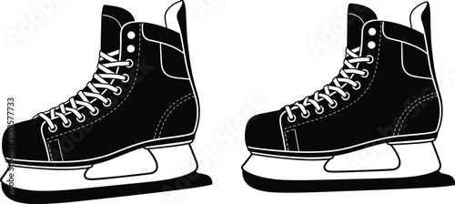 Black ice skates vector illustration, winter sports footwear design, hockey skating equipment, isolated on white background, professional graphic artwork