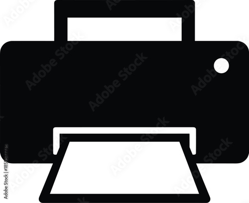 Black printer icon silhouette, modern office printing device symbol, document output machine illustration, isolated vector graphic, minimal design