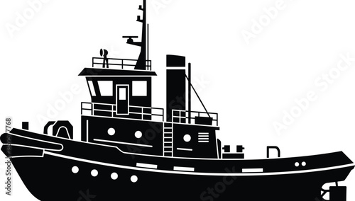 Black tugboat ship silhouette vector illustration, marine transportation icon, nautical harbor vessel design, industrial workboat graphic on white background