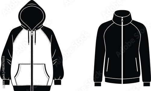 Vector hoodie and jacket technical fashion illustration, front view apparel design template, modern sportswear outerwear isolated on white background stock