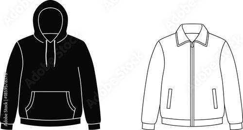 Vector hoodie and jacket illustration, front view apparel outline, fashion design template, casual outerwear comparison isolated white background for branding