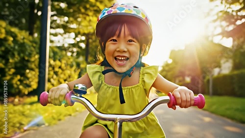 A young girl rides her bicycle smiling in a park during sunset