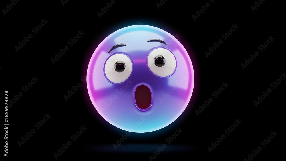 Fototapeta premium Glowing shocked emoji face with wide eyes and open mouth, rendered in a neon 3D style with purple and blue lighting against a dark black background.