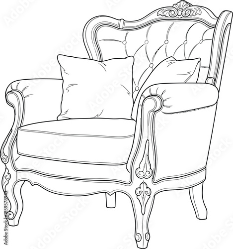 Elegant vintage armchair line art illustration featuring ornate carved wood and luxurious tufted details