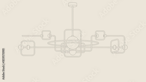 Minimalist line art illustration of a complex geometric modern chandelier drawing on a light background