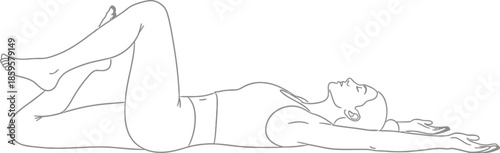 Line art illustration of woman performing supine figure four stretch for hip and glute flexibility on floor