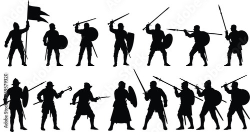 Medieval warrior silhouette collection showing soldiers with swords shields and spears, ancient battle poses, historical combat army illustration in black and white vector