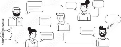 Connected People Communicating with Speech Bubbles – Networked Conversation, Team Collaboration, and Information Exchange Concept Illustration
