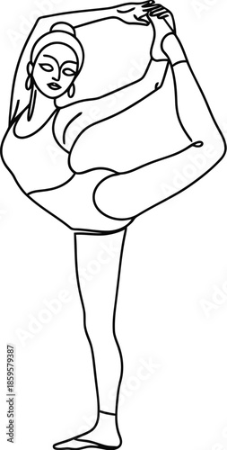 Minimalist line art drawing of a flexible woman holding a difficult balancing yoga pose called king dancer