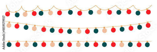 Christmas garland fairy light with colored circle bulbs. Xmas festive decoration string with hanging retro led lamp. Glowing string with lightbulb for holiday card, banner, poster. Vector illustration