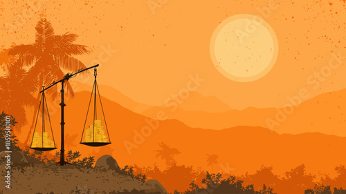 Balance Scale Weighing Coins Against Sunset Palm Tree Background
