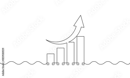Continuous one line drawing of graph with increasing arrow up. Illustration vector of bar chart on white background. Flat icon sign symbol. Business growth in Single line art