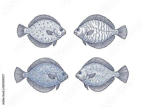 Flatfish Set. Hand Drawn Flounder and Sole Vintage Engraving Illustration