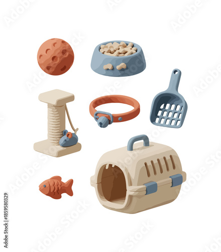 Cat care essentials illustration food bowl carrier toys and accessories