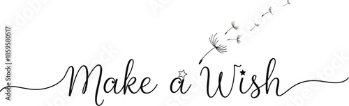 Minimalist black cursive calligraphy quote make a wish with dandelion seeds blowing across a white background