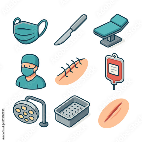Surgery Icons Set. Operating Room, Surgeon, Scalpel, Sutures