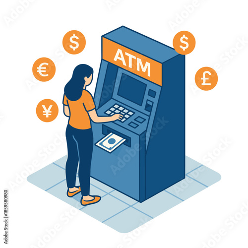 Woman Withdrawing Cash from ATM with Currency Symbols