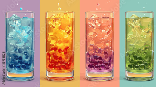 Colorful Beverages With Ice Cubes In Clear Glasses On Bright Background