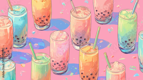 Colorful Boba Tea Drinks on Bright Pink Background