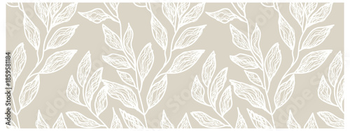 Vector Illustration Background Featuring Elegant Beige and White Leaf Outline Pattern with Seamless Design Suggesting Natural Sophistication and Minimalistic Aesthetics Suitable for Various Projects.