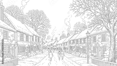 Coloring page depicting a cozy winter village street scene with smoke rising from cottage chimneys on a snowy day