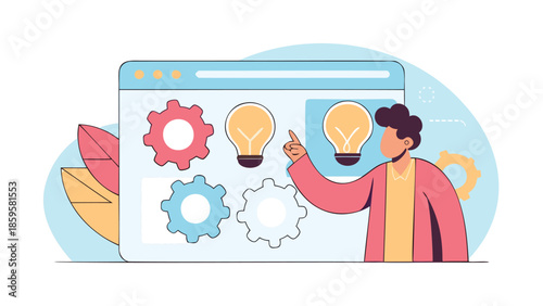A man analyzing a web interface with gears and idea light bulbs for innovation and technology