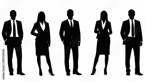 Five business people silhouettes standing together in formal attire.