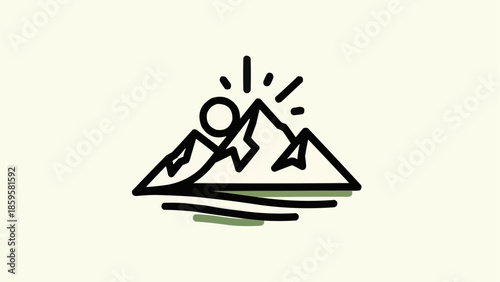 Minimalist mountain landscape with sun and water illustration.