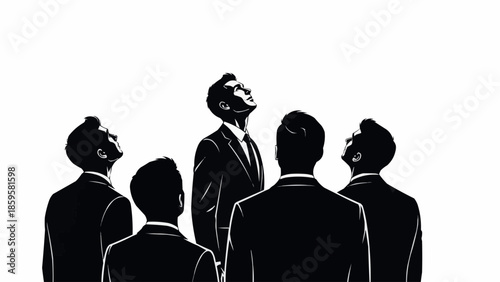 Group of businessmen looking up towards the sky in silhouette.