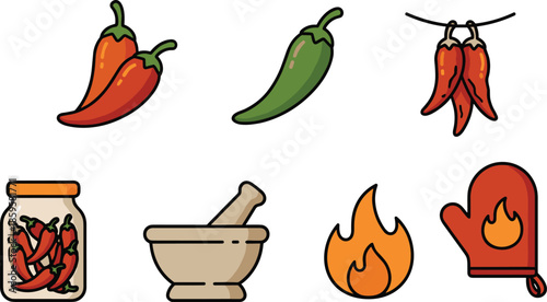Chili pepper and spicy cooking icon set illustration, flat cartoon vector collection showing hot food ingredients, seasoning tools, and heat symbols