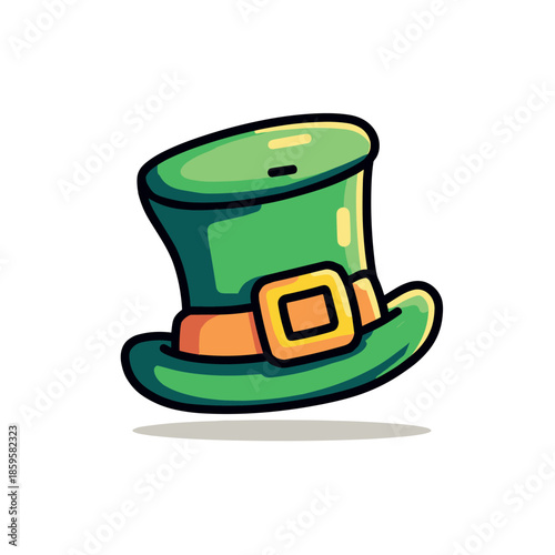 Green leprechaun hat with a golden buckle, a festive symbol of St. Patrick's Day and Irish luck, presented in a charming cartoon style.