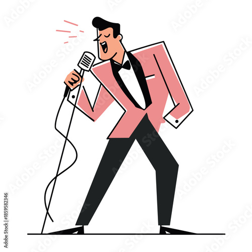 Man singing into a microphone with a lively expression, wearing a stylish pink suit and black bow tie in a classic retro cartoon illustration style.