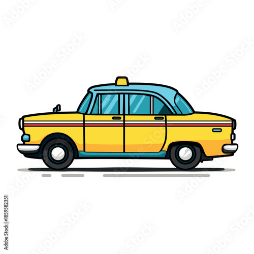 Classic yellow taxi cab with a light blue roof is depicted in a charming flat vector illustration style, ready for urban transportation.