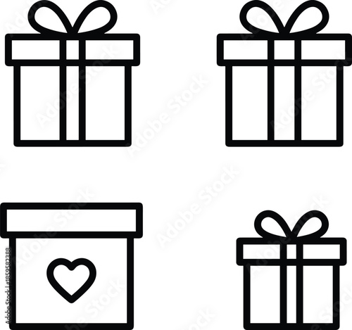 Gift box outline icon set illustration with ribbon and heart, minimal black line flat vector symbols for celebration and surprise concepts