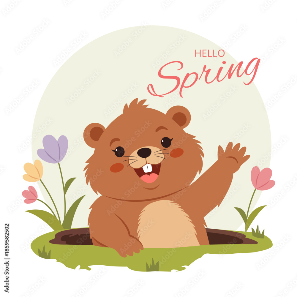 Obraz premium Cute joyful groundhog looking out of a hole, smiling and waving paw.Hello spring. Springtime prints design. Template for cards, posters, postcards, prints and stickers. Isolated vector illustration.