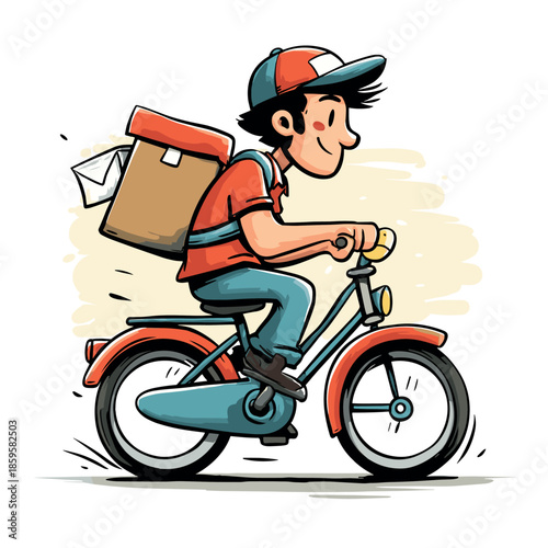 Cheerful delivery person riding a bicycle with a package on their back, happily transporting goods for fast and efficient service.