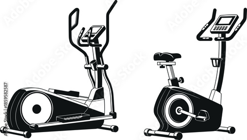 Fitness gym cardio equipment silhouette set featuring elliptical trainer and stationary exercise bike, modern home workout machine illustration in black and white vector