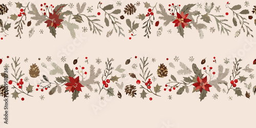 A festive border with poinsettias berries and pinecones for seasonal decor