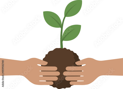 Hands holding young plant seedling with soil illustration symbolizing growth, sustainability, nature care, eco friendly lifestyle, gardening, and environmental conservation concept