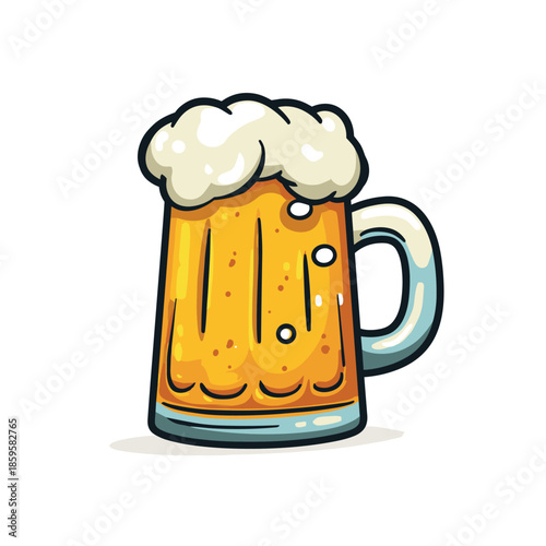Refreshing cartoon beer mug filled with golden lager and topped with a thick, frothy head, ready for celebration or a casual drink.