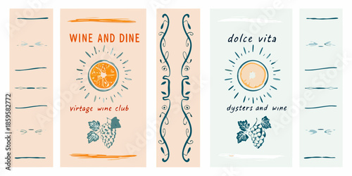 Vintage wine and lifestyle themed rectangular banners with fruit and text