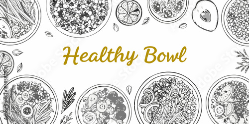 A colorful sketched arrangement of healthy bowls and fresh fruit elements